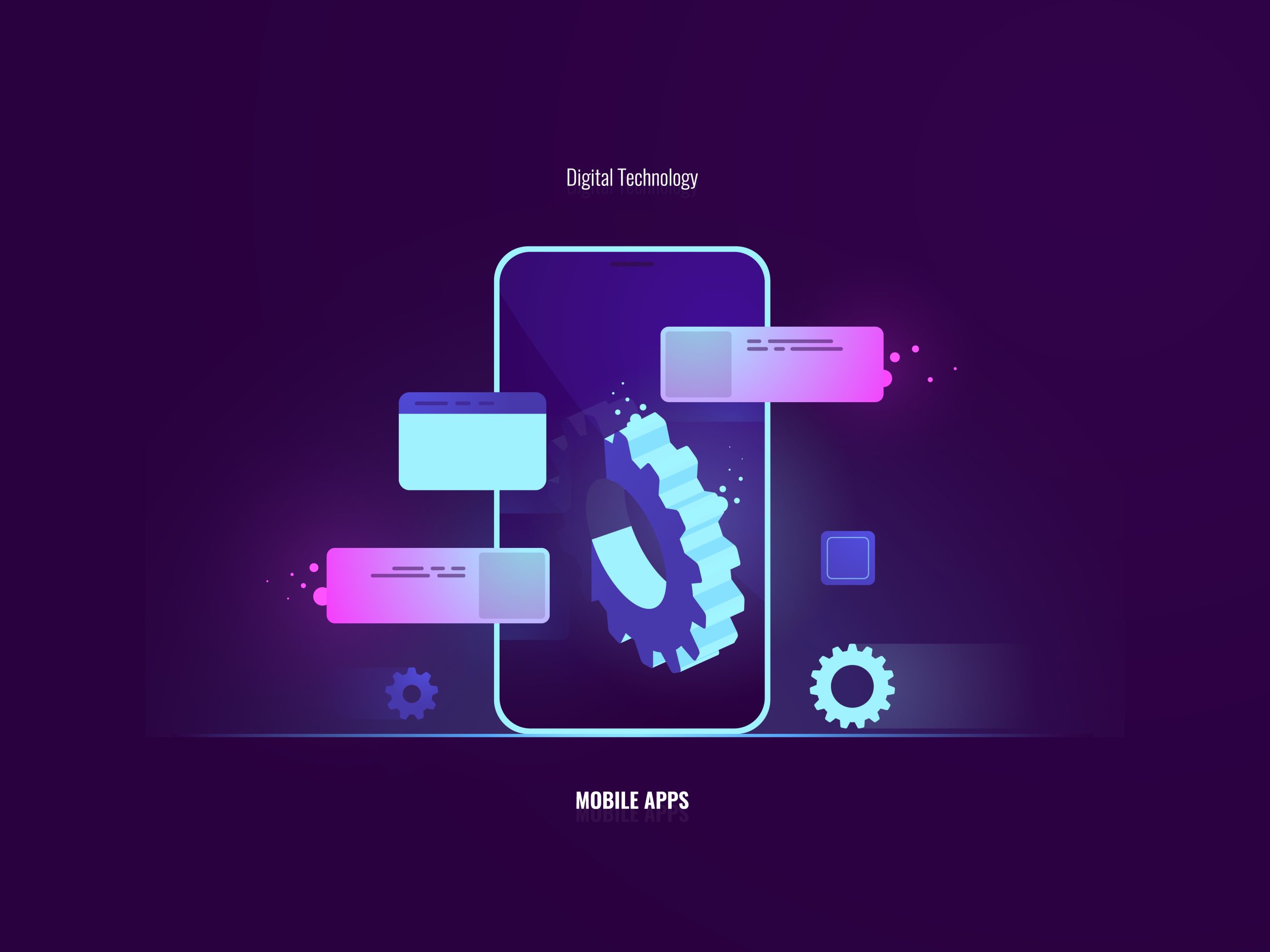 Awesome mobile software application development concept, mobile phone with big gear stick out of the screen, programming, smartphone setting and function, flat neon vector illustration